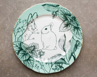 Porcelain Bone China Illustrated Dinner Plate - Bunny Rabbit Functional Dinnerware