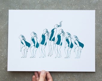 A4 Figurative Screen Print, Wall Art, Blue Silkscreen , A4 Print, Sequential Illustration - Snatch