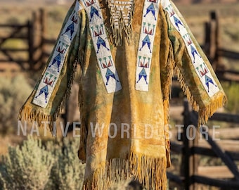 Men Beaded Leather Fringe Shirt: Plains Indian War Handmade Native American Suede jacket