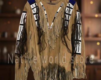 Suede Fringe War Shirt: Beaded Native American Powwow Attire