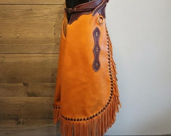 Handmade Suede Leather Chinks, Basket-weave Tooled Fringe, Unisex Western Wear