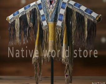 Handcrafted Native American Jacket: Beaded Buckskin Fringe War Shirt