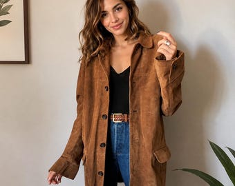 Vintage Brown Suede Leather Coat | Women's 70s Western Trench | Handmade Boho Outerwear | Button Front