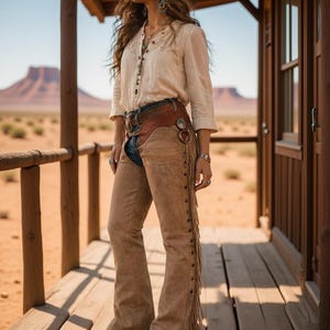 May include: A woman in a beige shirt, brown cowboy hat, and suede chaps with fringe. The chaps are worn with a brown belt and denim jeans. The background shows a desert landscape and a wooden structure.