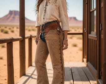 Women's Western Leather Fringe Chaps, Handmade Cowgirl Rodeo Pants, Boho Ranch Style