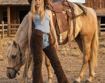 Handmade Suede Leather Cowgirl Chaps – Western Rodeo Pants, Custom Fringe Horse Riding Wear
