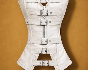 White Leather Corset Bustier, Gothic Buckle Top, Strapless Overbust Waist Cincher, Steampunk Lingerie, Festival Clubwear, Handmade