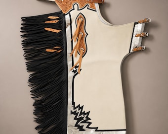 Custom Hand-Tooled Leather Chaps | Western Fringe Riding Gear | Genuine Cowhide | Handmade Rodeo Apparel | Made to Order