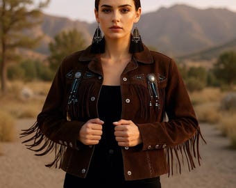 Women’s Native-Inspired Suede Leather Fringe Jacket | Western Cowboy Style with Eye Bead Details