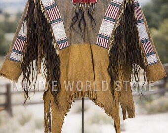 Men Beaded Leather Fringe Shirt: Plains Indian War Handmade Native American Suede jacket