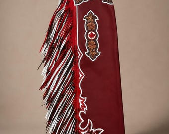 Hand Tooled Leather Chaps | Black Fringe Western Riding Gear | Custom Rodeo Wear | Genuine Cowhide | Made to Order