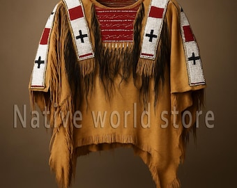 Handmade Native-Inspired Powwow Style Top : Men Suede Leather Shirt with Beaded Fringe
