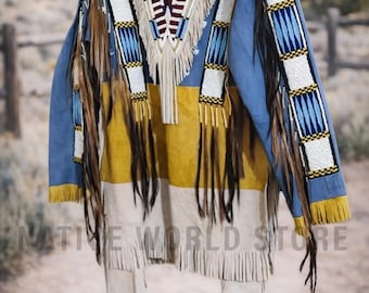 Men Beaded Leather Fringe Shirt: Plains Indian War Handmade Native American Suede jacket