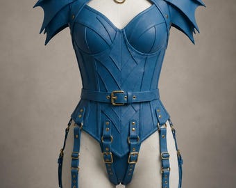 Blue Leather Corset Bodysuit, Fantasy Armor Lingerie, Dragon Shoulder Harness, Gothic Festival Costume, Cosplay Outfit for Women