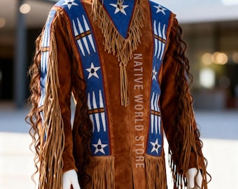 Men Beaded Leather Fringe Shirt: Plains Indian War Handmade Native American Suede jacket