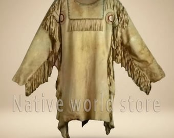 Men Handmade Suede Leather War Shirt: Buffalo Hide Powwow Regalia Native American