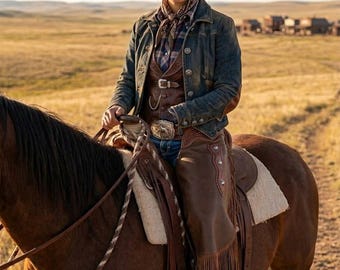 Genuine Leather Western Chinks with Pattern Tooled Yoke | Fringe Cowboy Ranch & Rodeo Gear