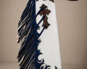 Hand-Tooled Leather Rodeo Chaps | Custom Western Riding Gear | Fringe Bull Riding Apparel | Genuine Cowhide | Made to Order
