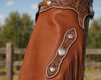Leather Western Chinks with Fringe | Handmade Cowboy Riding Chaps | Custom Ranch Work | Rodeo Gear