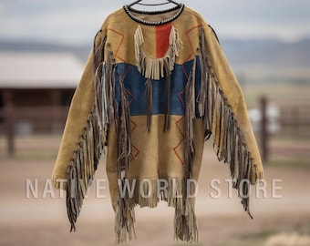 Men Beaded Leather Fringe Shirt: Plains Indian War Handmade Native American Suede jacket