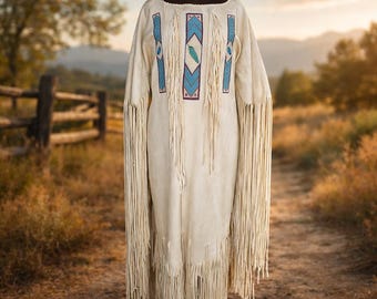 May include: Cream-coloured dress with long sleeves and fringe detailing. The dress features turquoise and maroon geometric patterns with a feather design. The dress is displayed on a mannequin against a backdrop of a dirt path and a wooden fence.