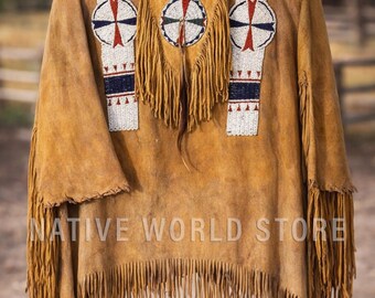 Men Beaded Leather Fringe Shirt: Plains Indian War Handmade Native American Suede jacket
