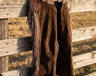 Dark Brown Suede Leather Western Chaps with Fringe | Handmade Cowboy Rodeo Gear