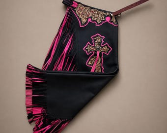 Custom Pink Hand-Tooled Leather Chaps | Western Fringe Riding Gear | Genuine Cowhide | Rodeo Apparel | Made to Order