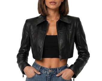 Black Women's Cropped Leather Jacket, Slim Fit Biker Coat, Zip Up Streetwear Outerwear