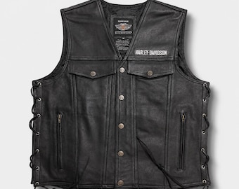 Harley Davidson Men's Genuine Leather Motorcycle Vest Black Lace Side Biker Waistcoat Snap Button Riding Apparel Rider Gift
