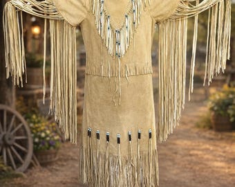 Suede Leather Fringe Maxi Dress Handmade Native-Inspired Powwow Regalia, Authentic Tribal Style
