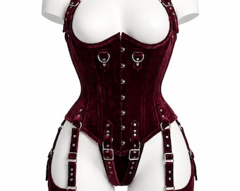 Conjunto de corsé gótico de terciopelo burdeos bajo el busto con detalles de cuello y hebilla.