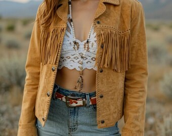 Native-Inspired Cowgirl Western Wear– Beaded Suede Leather Fringe Jacket for Women