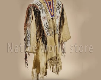 Men Handmade Suede Leather War Shirt: Beaded Powwow Regalia Native American