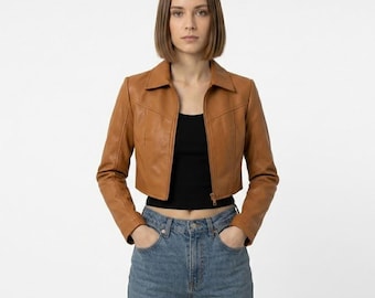 Brown Women's Cropped Leather Jacket, Slim Fit Motorcycle Jacket, Fashion Biker Outerwear