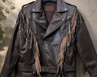 Men’s Black Leather Fringe Jacket – Western Cowboy Biker Style – Vintage Tassel Motorcycle Coat