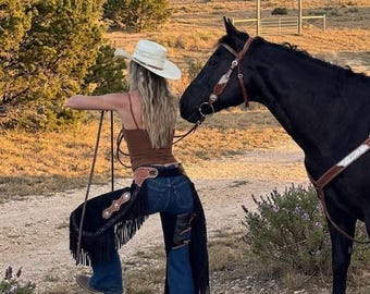 Handmade Leather Western Chinks with Pattern Tooled Yoke | Fringe Cowboy Ranch & Rodeo Gear
