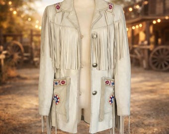 Women’s Suede Leather Fringe Coat with Beadwork | Western Cowgirl Native-Inspired Jacket