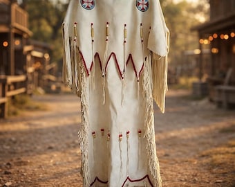 Women’s White Leather Fringe Dress Handmade Beaded Native-Inspired Powwow Style