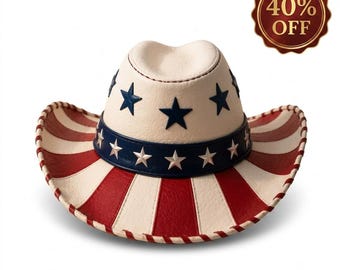Genuine Leather Patriotic Cowboy Hat USA Flag, American Western , Uncle Sam Rodeo Headwear