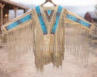 Men Beaded Leather Fringe Shirt: Plains Indian War Handmade Native American Suede jacket