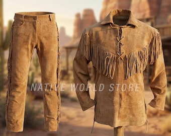 Men’s Suede Leather Western Shirt & Pant Set with Fringes Handmade Fringe Outfit, Western Style