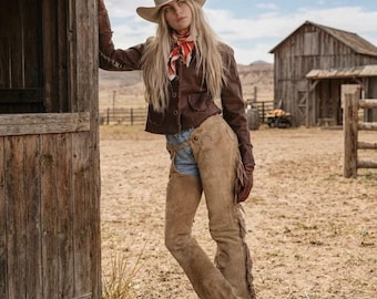 Custom Handmade Suede Leather Chaps – Western Cowgirl Rodeo Pants, Horse Riding Fringe Chaps