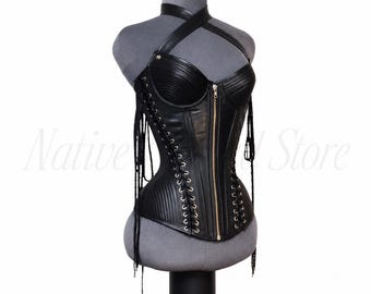 Abito corsetto da donna in vera pelle con stecche in acciaio, bustier con allacciatura sul retro, stile gotico
