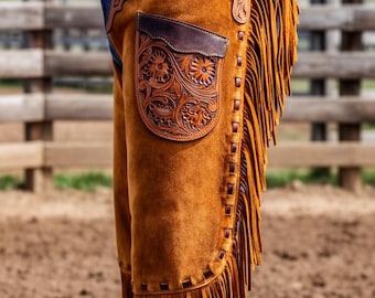Western Handmade Suede Leather Chinks – Tooled Rodeo Horse Riding Chaps Unisex