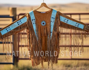 Men Beaded Leather Fringe Shirt: Plains Indian War Handmade Native American Suede jacket