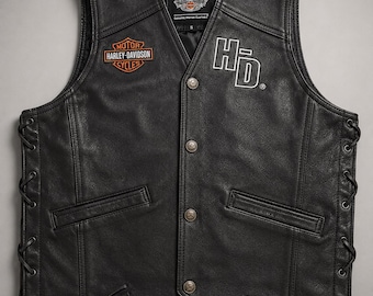 Harley Davidson Men's Genuine Leather Motorcycle Vest Black Biker Waistcoat Lace Side Riding Gear Snap Front Rider Gift