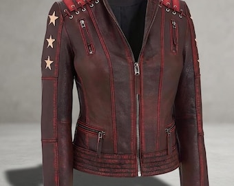 Women's Red Brown Leather Biker Jacket – Vintage Slim Fit Moto with Star Detail