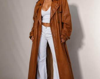 Vintage 70s Brown Sheepskin Leather Trench Coat for Women | Double Breasted Belted Long Jacket | Classic Handmade Winter Outerwear