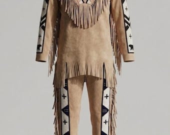 Men Western Frontier Style Suede Leather - Native American Inspired Beaded Fringed Shirt and Pants